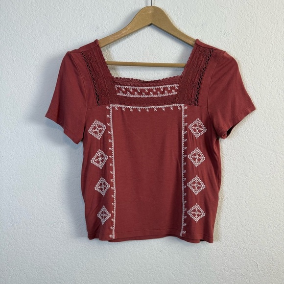 American Eagle Outfitters Tops - American Eagle Soft & Sexy Rose Pink Mauve Embroidered Square Neck Top Size SM